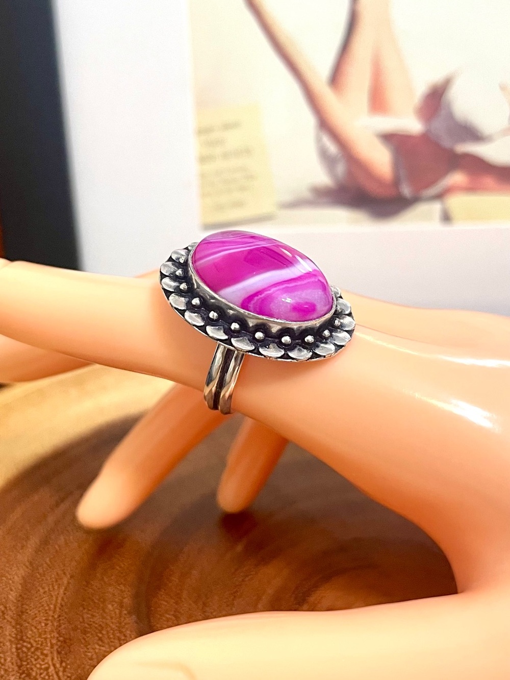 Genuine Pink Agate Oval Statement Ring in Sterling Silver Overlay NWOT